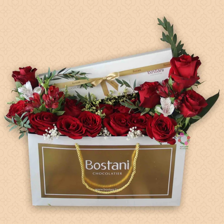 Red roses with a Bostani chocolate box